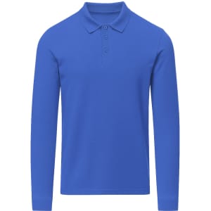 A blue long-sleeve polo shirt with a collar and three buttons, featuring a logo on the front.