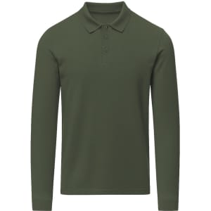 A long-sleeved polo shirt in a solid olive green hue with a collar and button placket, featuring a logo.