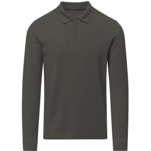 A charcoal grey long-sleeved polo shirt with a collar and three buttons, featuring a logo.
