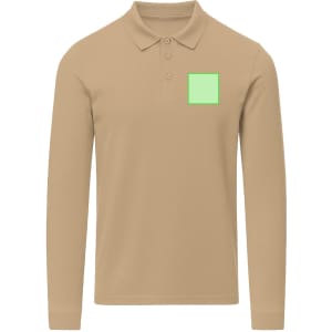 A beige long-sleeve polo shirt featuring a green square logo on the chest area.