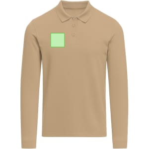 A beige long-sleeve polo shirt featuring a green square on the left chest area and a branding logo.