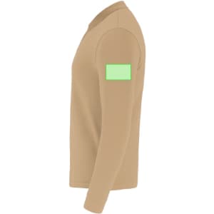 A beige adult polo shirt with long sleeves and a green patch on the arm.