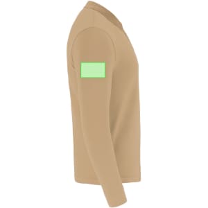 A tan long-sleeve polo shirt featuring a green patch on the sleeve and a simple design.