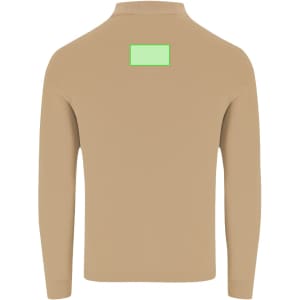 A beige adult polo shirt with long sleeves and a logo on the back.