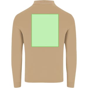 A beige long-sleeve polo shirt featuring a large green rectangle on the back and a logo.