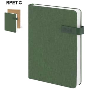 A green diary with a textured cover, featuring an elastic band and a smaller notebook beside it.