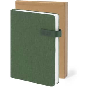 A green diary with a textured cover, accompanied by a brown kraft paper box. The diary features an elastic band closure.