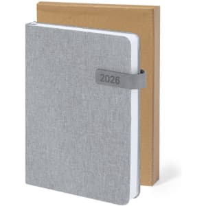 A grey diary with a band featuring the year 2026, accompanied by a brown kraft cover.