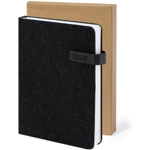 A black diary with a textured cover, featuring a band, displayed with a kraft paper box behind it.