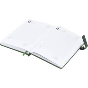 An open green diary with blank white pages, featuring a bookmark and a logo on the cover.
