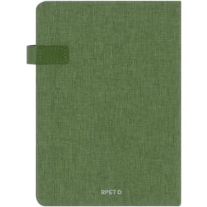 A green diary with a textured finish and a closure tab, featuring a logo on the front.