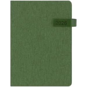 A green diary with a textured cover and a strap featuring the year 2026. The diary has a logo on it.