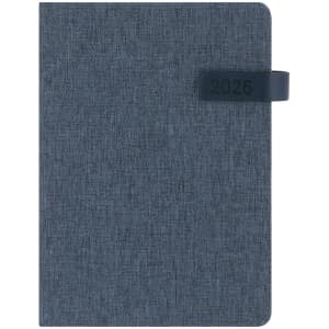A blue diary with a textured cover and a band indicating the year 2026. It features a logo on the front.