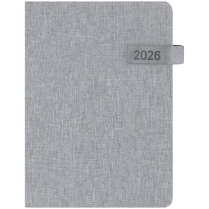 A grey diary with a textured cover and a tab marked '2026'. It features a logo on the front.