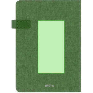 A green Mylok Diary featuring a textured cover and a rectangular space, secured with a matching strap.