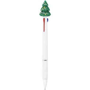 A multicoloured pen featuring a green Christmas tree topper and red, blue, and black ink options. Includes branding.