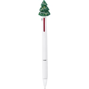A white pen with a green Christmas tree topper and red ink. Features a logo on the barrel.