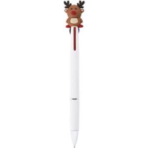A multicoloured pen featuring a white barrel and a reindeer character topper, with a branded logo.