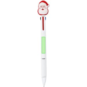 A multicoloured pen featuring a Santa Claus design on top and a green section, with a logo present.