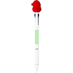 A multicoloured pen featuring a red rubber duck design atop a white barrel with blue and green accents.