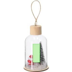 A decorative glass dome featuring a miniature Santa and a Christmas tree, with a wooden base and a hanging rope.