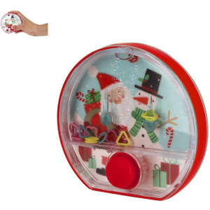 A circular water game toy in red, featuring festive snowmen and gifts, with rings to toss inside.
