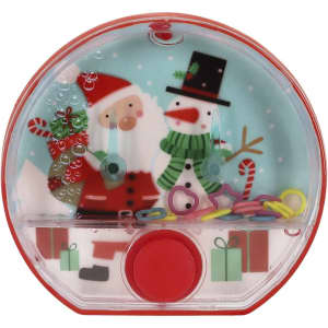 A round water game featuring a snowy scene with Santa and a snowman, in red and clear plastic.
