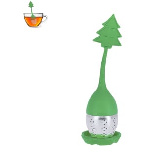 A green tea infuser shaped like a tree, featuring a stainless steel ball and a base for resting.