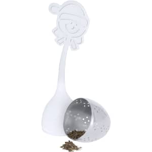A tea infuser with a playful snowman design, featuring a stainless steel ball for holding loose tea leaves and a white handle.
