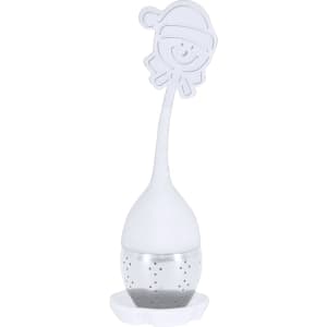 A tea infuser with a white silicone handle featuring a snowman design, and a metallic bowl for loose tea.