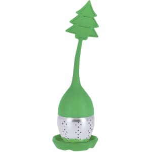 A green tea infuser shaped like a tree, with a stainless steel base and a matching saucer.