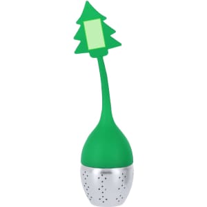 A green tea infuser shaped like a tree with a silver metallic base for brewing loose leaf tea.