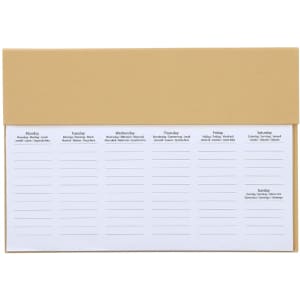 A weekly planner with a white sheet featuring space for each day's tasks, inside a brown kraft envelope.
