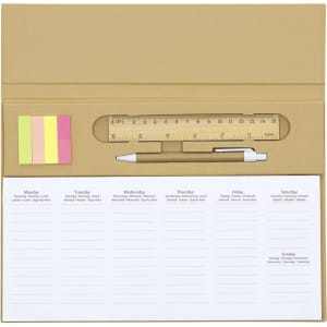 A beige weekly planner with a ruler, a white pen, and pastel sticky notes, featuring spaces for each day of the week.