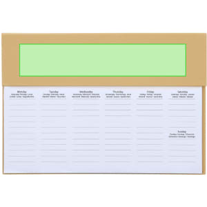 A weekly planner featuring a green header and lines for each day of the week, set against a beige background.