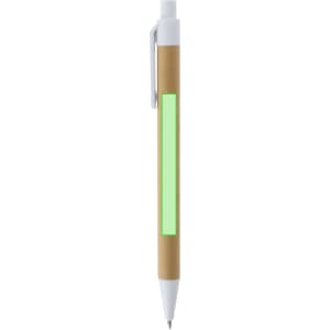 A pen with a kraft paper barrel, white accents, and a green translucent section for branding.