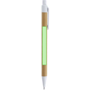 A pen featuring a brown barrel and a white tip, with a bright green section for branding or decoration.