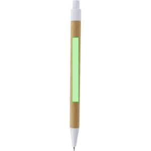 A wooden pen with a white top and a green accent panel. The pen features a click mechanism for retraction.