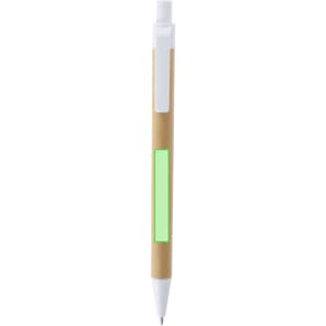 A pen with a textured brown body, white clip, and a green accent panel. It features a pointed nib for writing.