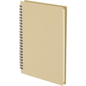 A beige spiral-bound notebook with a plain cover and inner pages, featuring a simple design without any text.