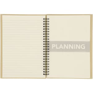 A spiral-bound notebook with blank and lined pages, featuring a neutral cover and a logo.