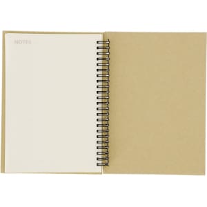 A spiral-bound notebook with blank pages, featuring a natural brown cover and a simple design on the inside.
