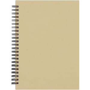 A spiral-bound notebook with a plain beige cover and black coil binding.