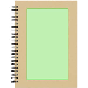 A spiral-bound notebook with a light green cover and a blank area for customization. Features a black spiral binding.