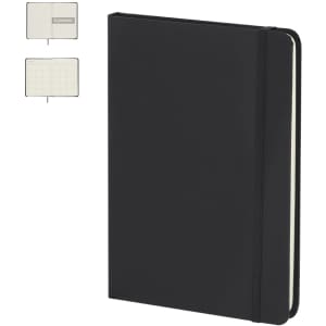 A black notepad with an elastic band and a light-coloured interior featuring monthly planning pages. It has a logo on the cover.