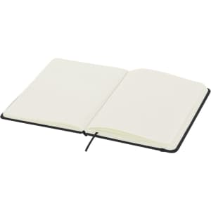A notepad with a black cover, opened to reveal blank, cream-coloured pages inside.