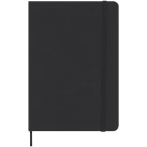A black notepad with a smooth cover and an elastic band, featuring a ribbon bookmark for easy page navigation.
