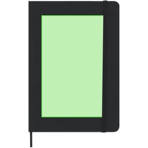 A black notepad with a green inner section and a tied elastic band, featuring a logo on the cover.