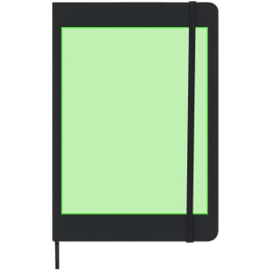 A notepad with a black cover and a light green interior, featuring an elastic band and a ribbon bookmark.