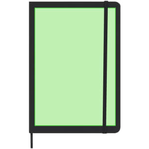 A notepad featuring a green cover with a black binding and elastic band, designed for monthly planning.